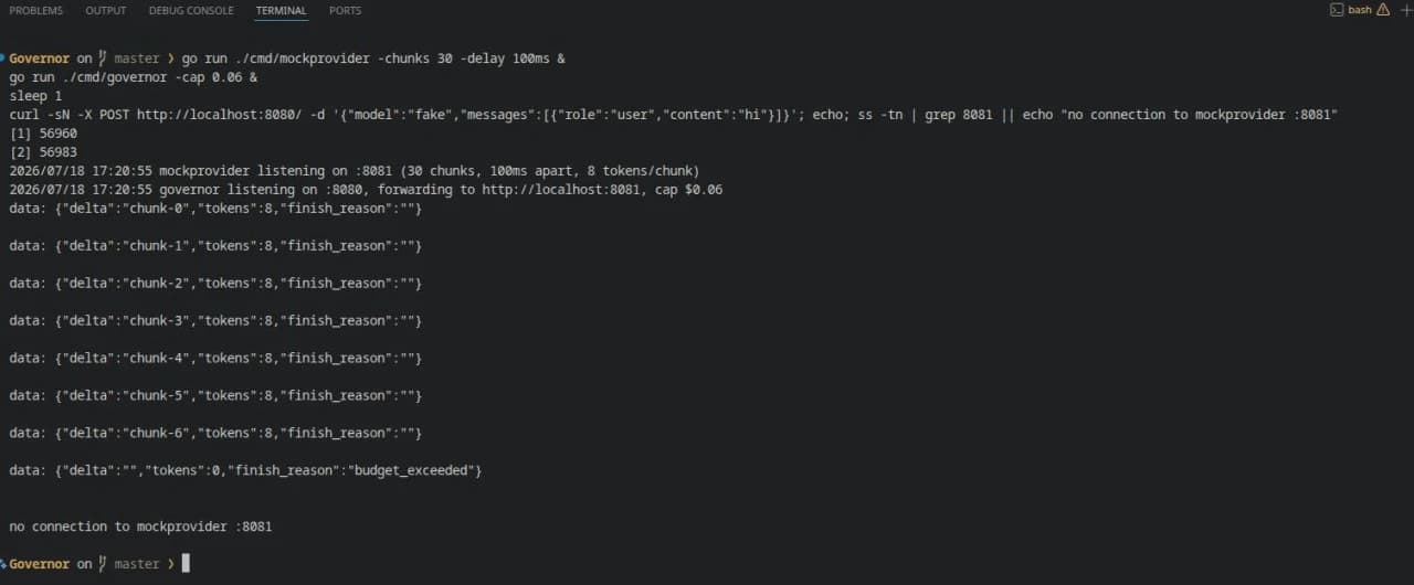 Terminal: the mock provider streams chunk-0 to chunk-6, then Governor returns finish_reason budget_exceeded, and a check shows no connection left to the mock provider