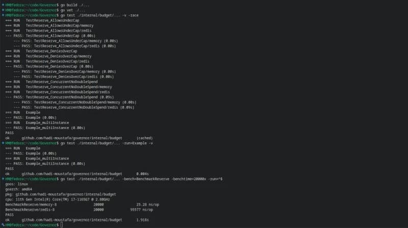 Terminal: go test with -race passing TestReserve_AllowsUnderCap, DeniesOverCap and ConcurrentNoDoubleSpend for memory and Redis, then the benchmark at 25.28 ns/op in memory and 95,577 ns/op on Redis