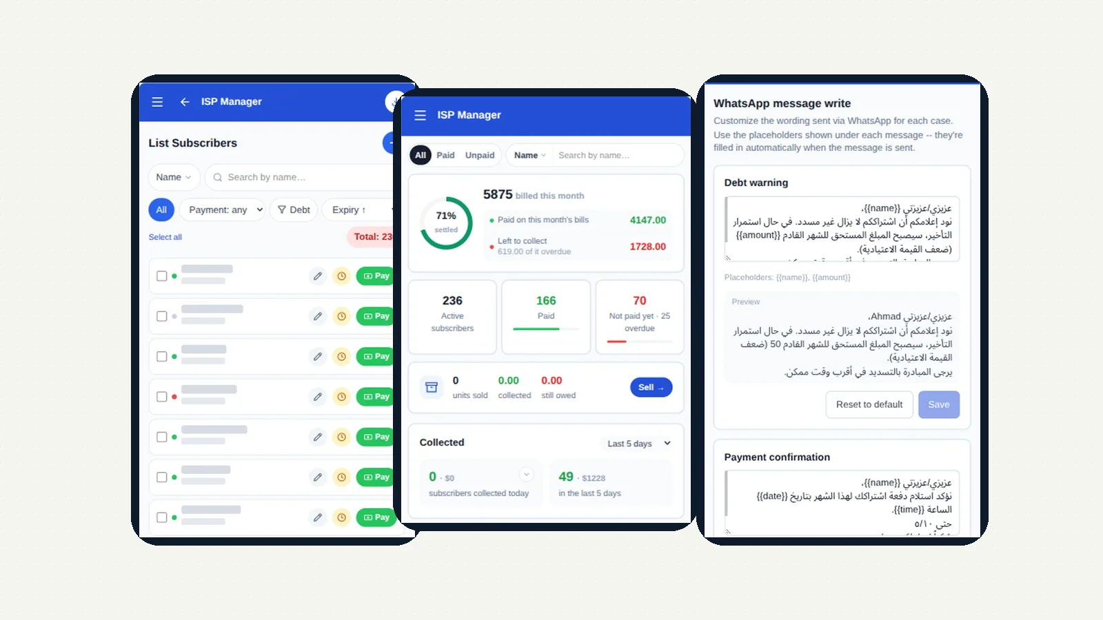 Three phone screens from the ISP.NET app: the subscriber list with Pay buttons, the monthly dashboard and the WhatsApp message editor