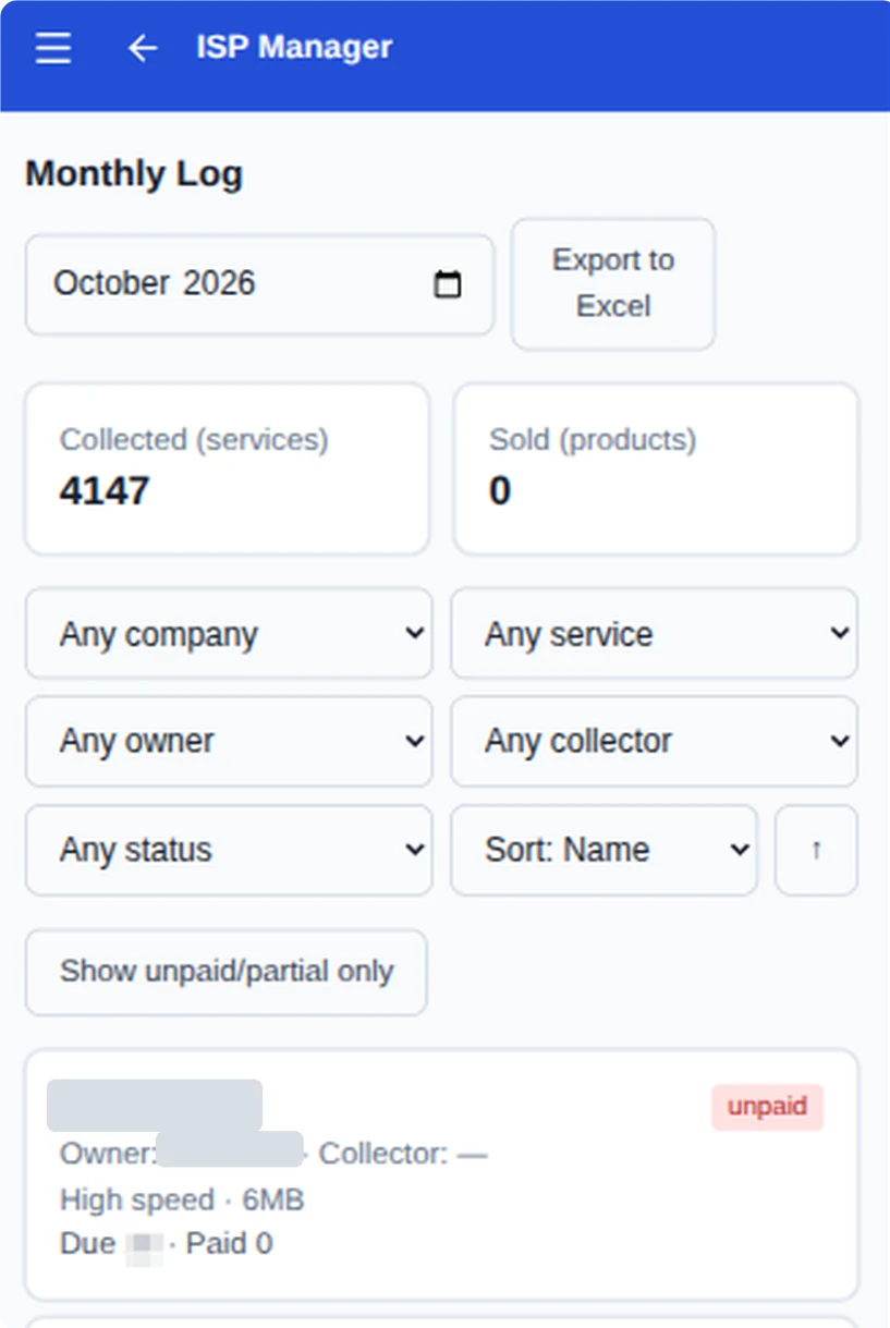 Monthly log for October 2026 with $4,147 collected, filters by company, service, owner and collector, and an Export to Excel button