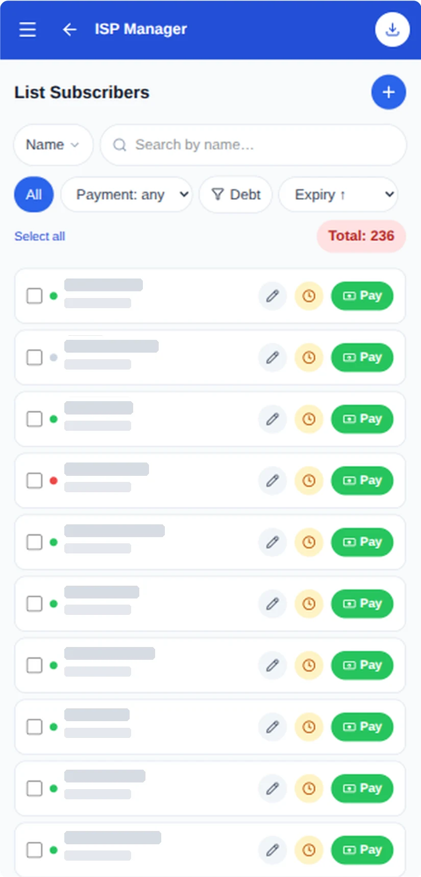 ISP.NET subscriber list: 236 subscribers, each row with a green Pay button (names hidden)