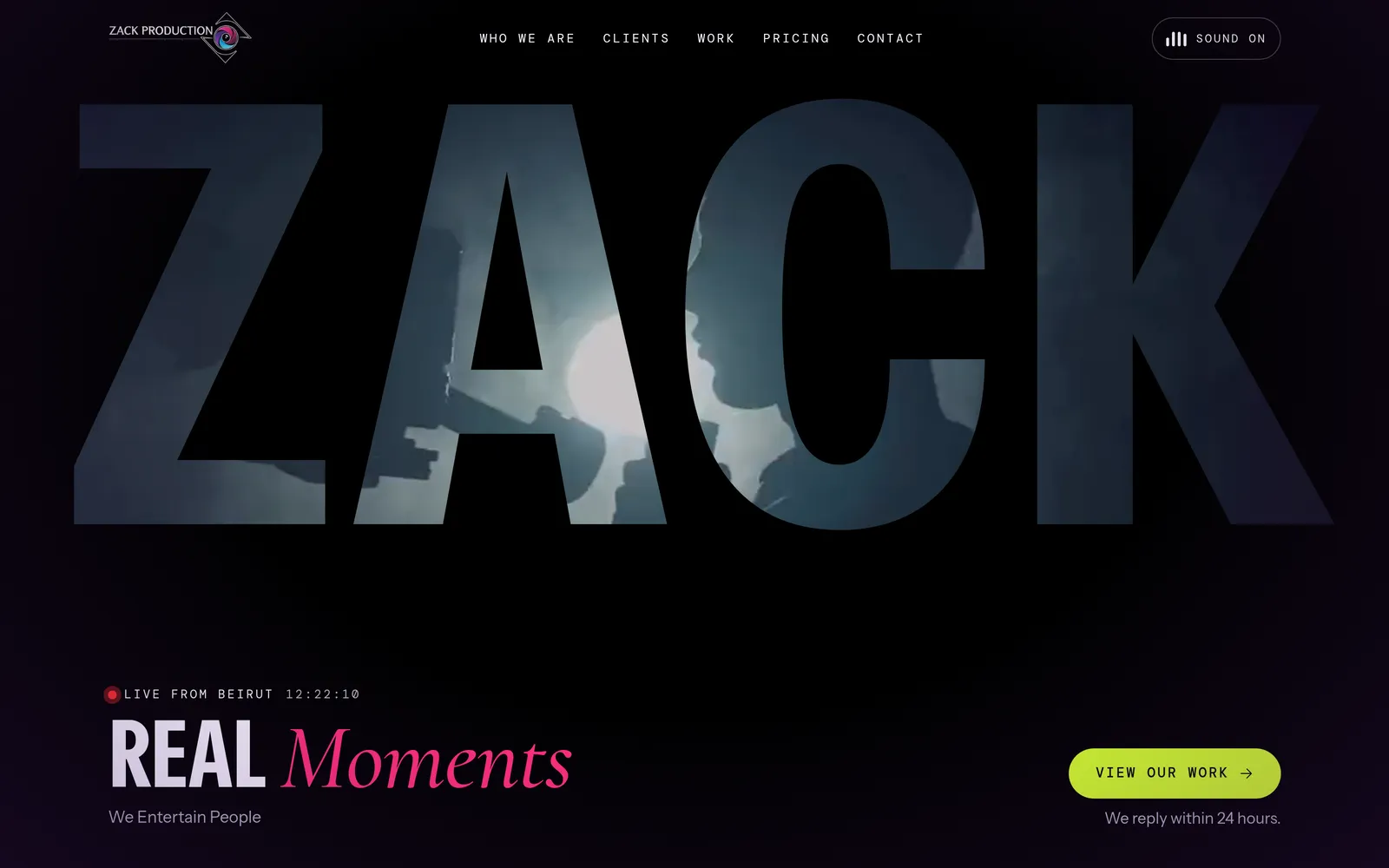 The Zack Production website home page on desktop: a full-width photo with the studio name and a contact button