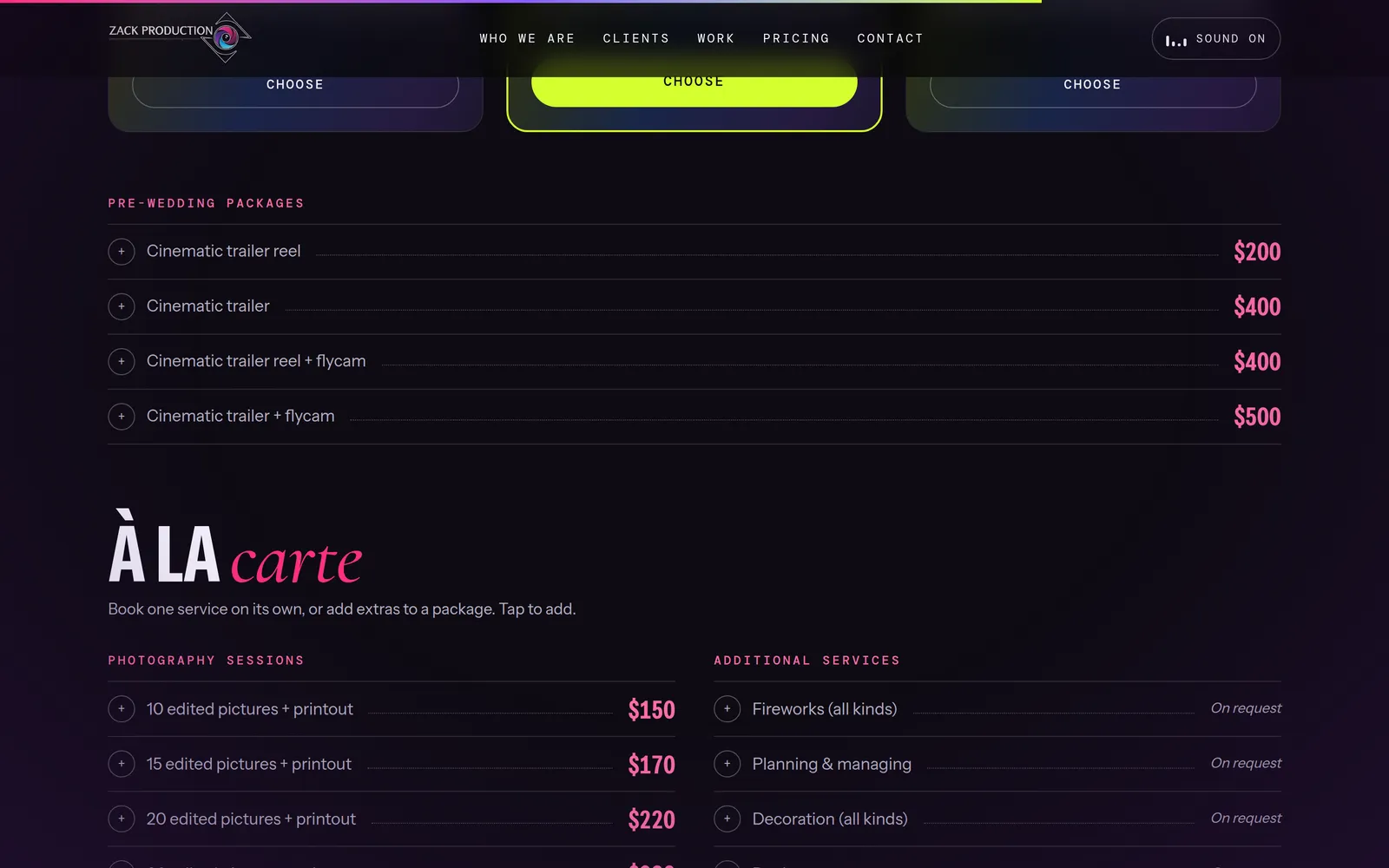 Zack Production pricing section with photography and videography packages