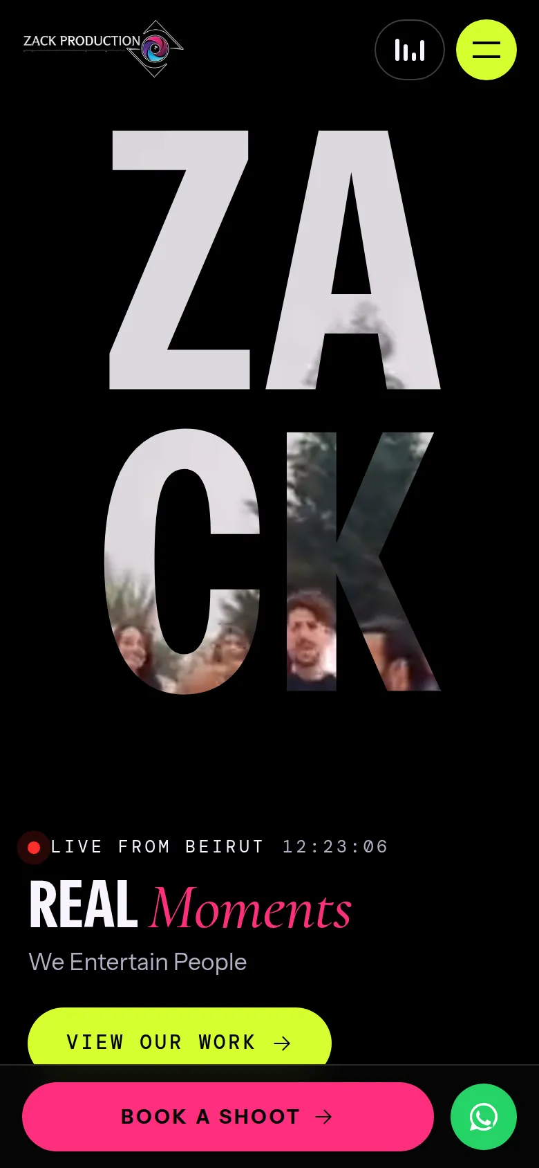 Zack Production home page on a phone