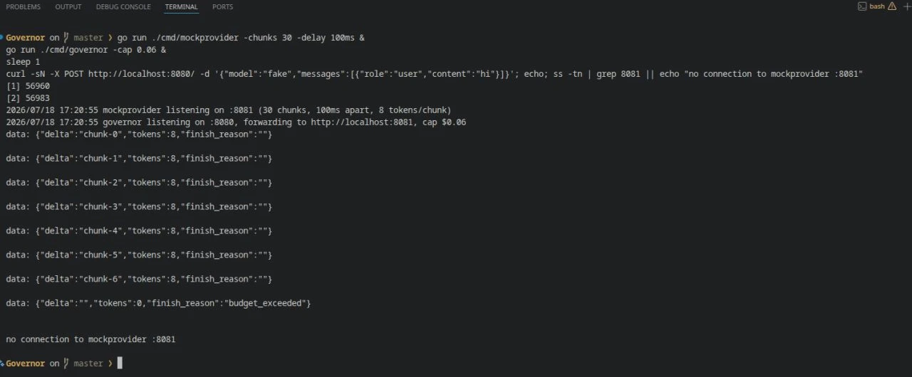 Terminal: the mock provider streams chunk-0 to chunk-6, then Governor returns finish_reason budget_exceeded, and a check shows no connection left to the mock provider