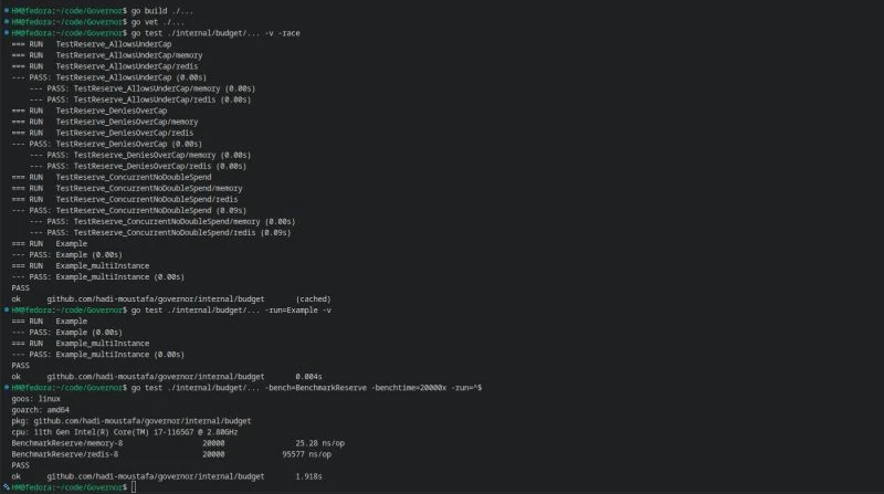Terminal: go test with -race passing TestReserve_AllowsUnderCap, DeniesOverCap and ConcurrentNoDoubleSpend for memory and Redis, then the benchmark at 25.28 ns/op in memory and 95,577 ns/op on Redis